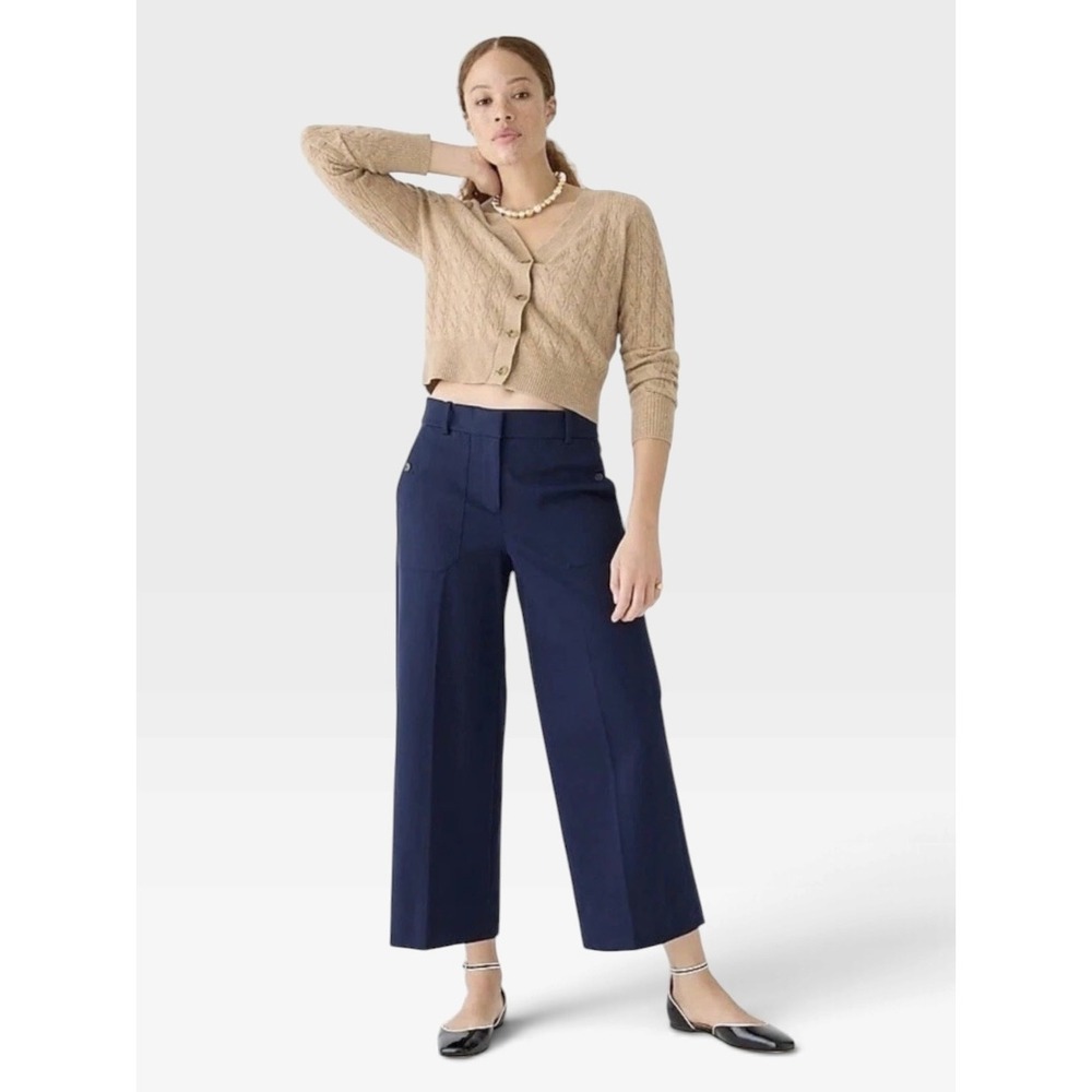 J.Crew Sydney Wide-Leg Pant Size 0 Navy Blue High Rise Bi-Stretch Cotton Blend